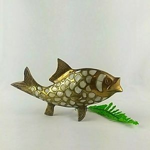 VINTAGE BRASS KOI FISH INLAID MOTHER OF PEARL SCALES ASIAN